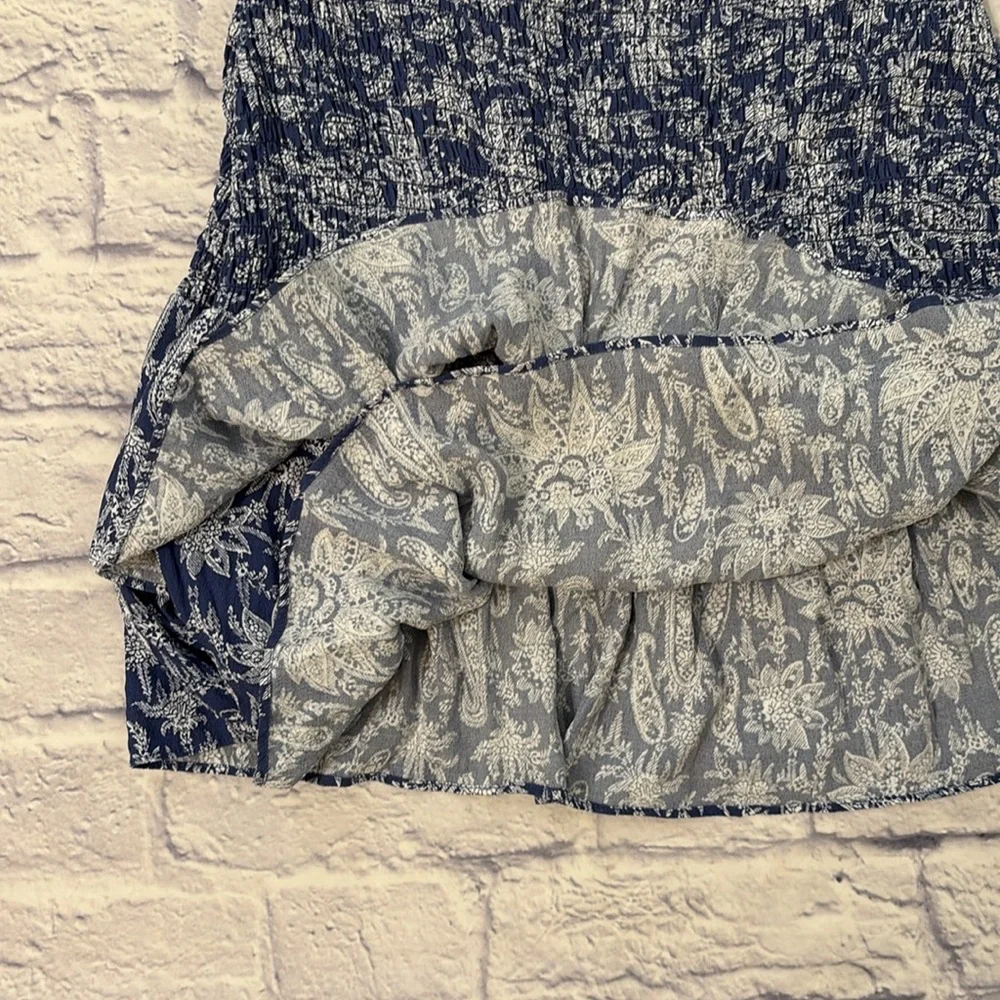 Ann Taylor Smocked Waist Skirt Blue and White Floral Paisley Ruffle Petite Small
